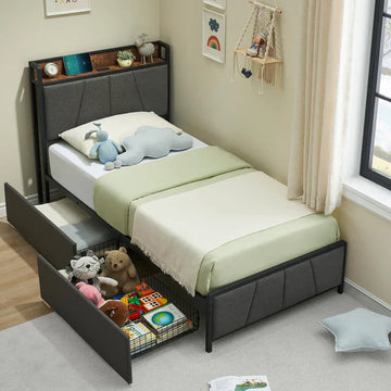 twin bed frame, bed frame with drawer, wooden platform bed frame, upholstered smart LED bed, Garvee kids beds