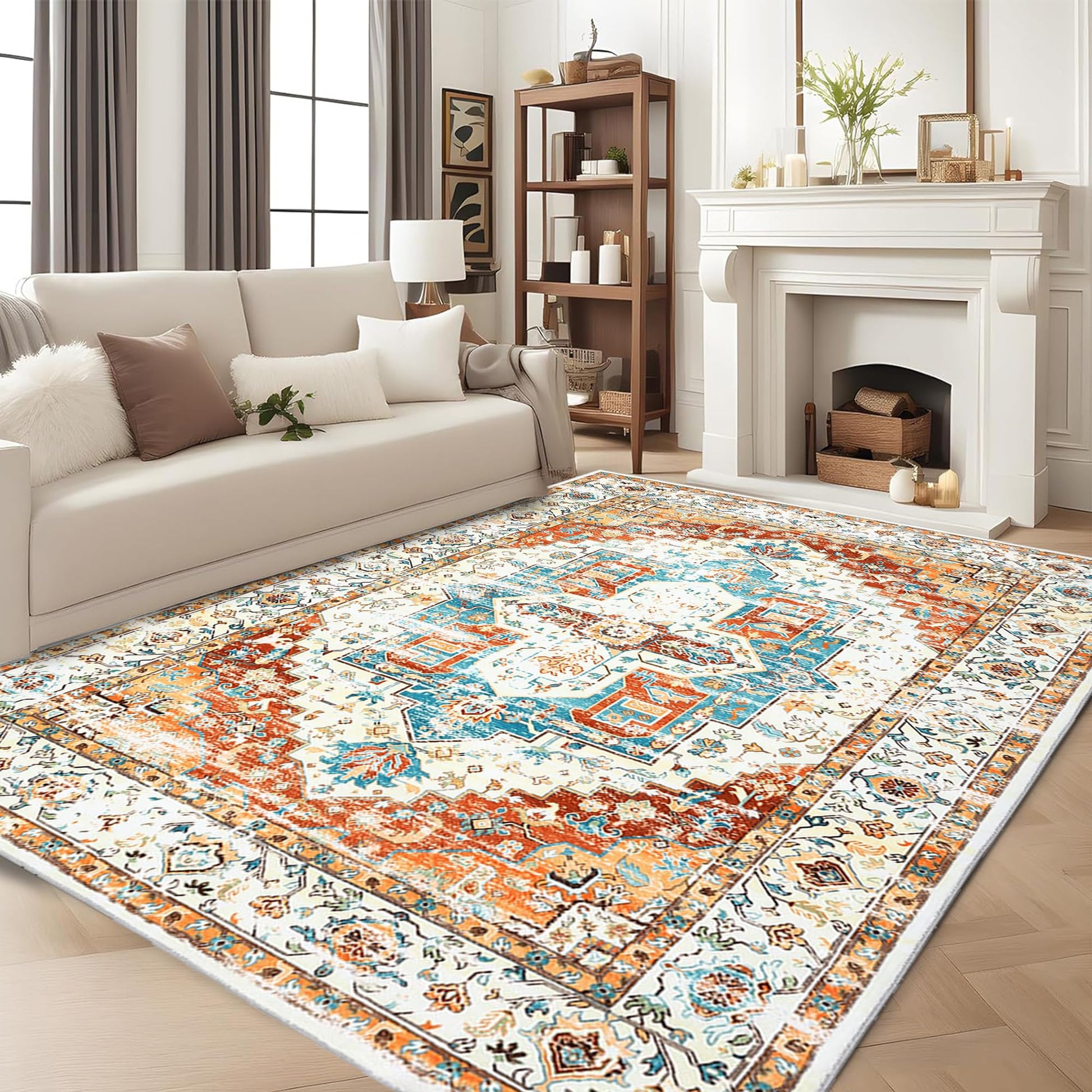 Garvee 8 * 10ft Area Rug - Thin Washable Entryway Rug, Stain Resistant, Non Slip, Non Shedding, Pet Friendly, Vintage Carpet for Indoor Bedroom, Living, Kitchen, Laundry Room, Reddish Brown