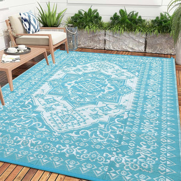 Garvee Outdoor Light Blue & White 9x12 Rug Plastic Straw Waterproof Reversible Mat for Patio, Deck, RV, Camping Decor