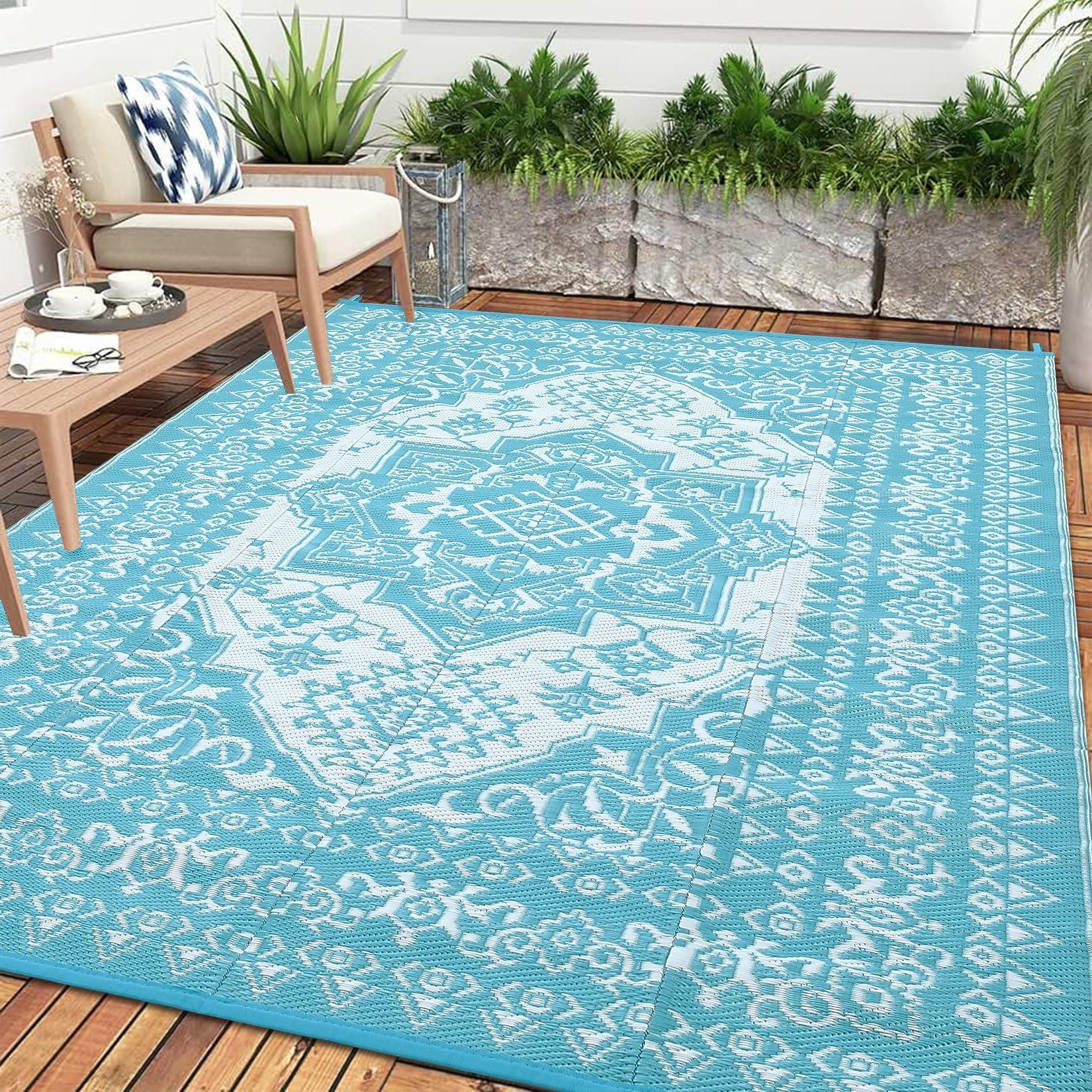 Garvee Outdoor Light Blue & White 9x12 Rug Plastic Straw Waterproof Reversible Mat for Patio, Deck, RV, Camping Decor