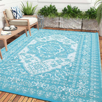 Garvee Outdoor Light Blue & White 9x12 Rug Plastic Straw Waterproof Reversible Mat for Patio, Deck, RV, Camping Decor