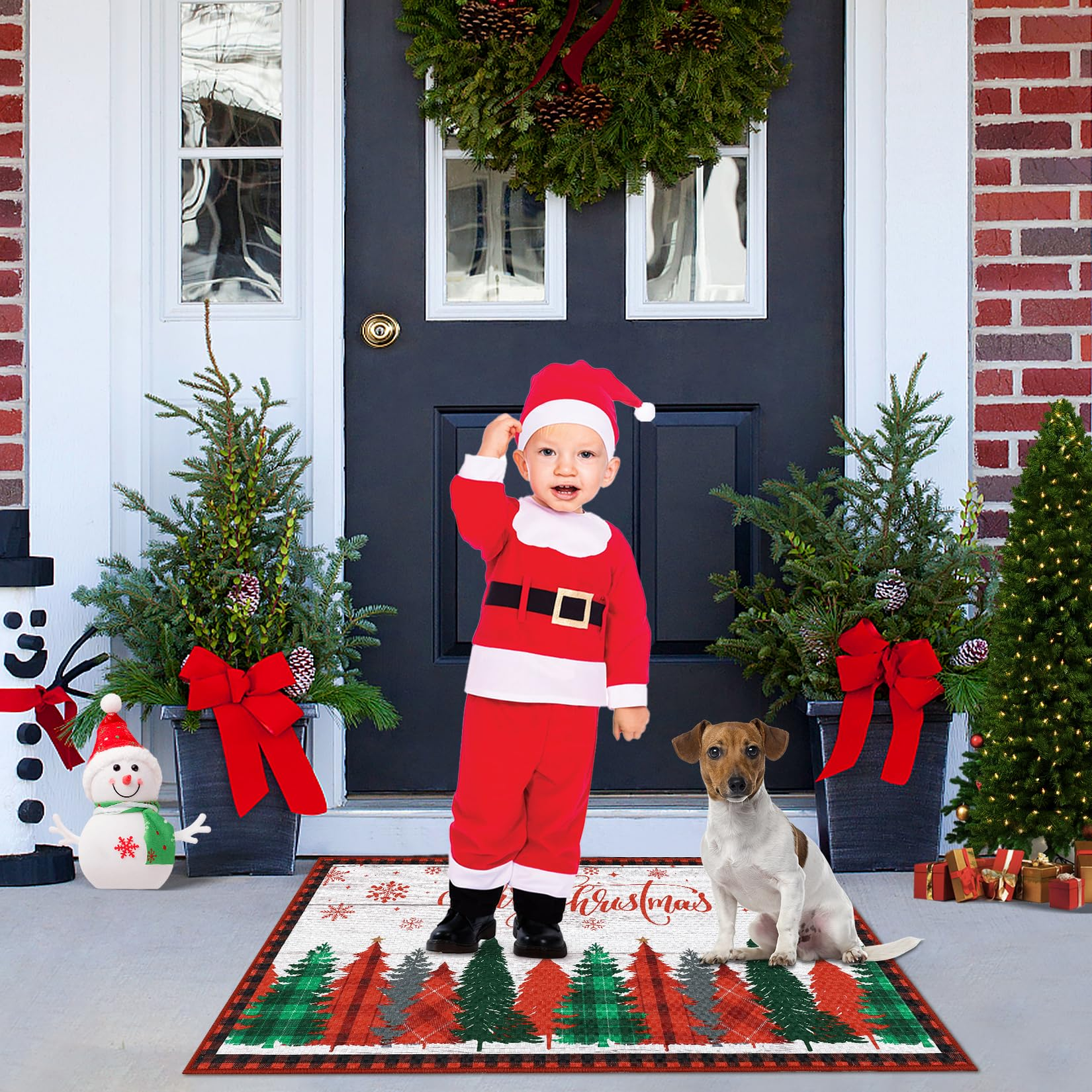 Garvee Merry Christmas Decorative Doormat 17x29 Non-Slip Low-Profile Buffalo Plaid Welcome Mat for Indoor Outdoor Entrance Doormat Xmas Winter Welcome Door Mat