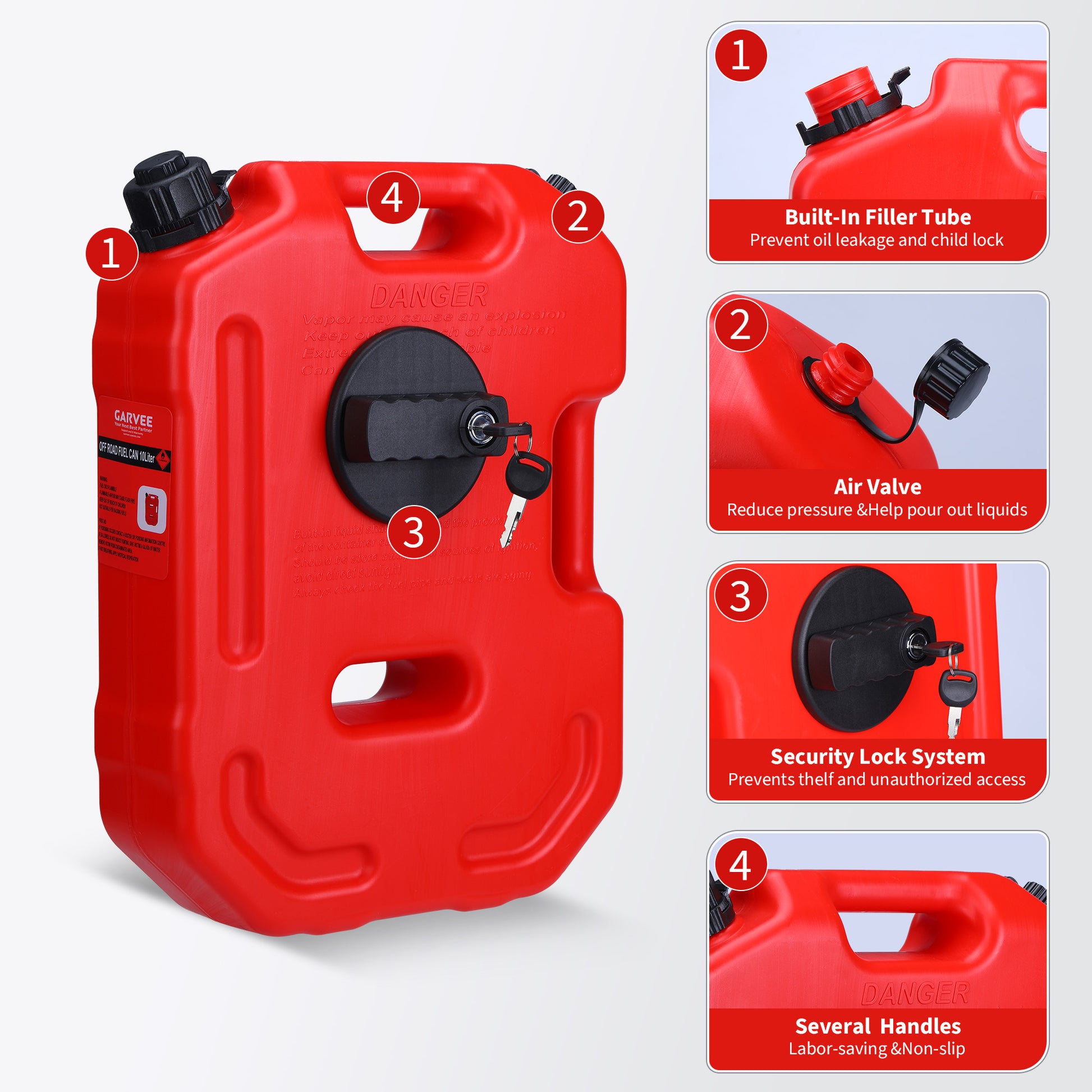Garvee Secure 10L Portable Gas Can with Locking Mounting Bracket – Heavy-Duty HDPE Fuel Tank for Car, Motorcycle, SUV, ATV, UTV – Key Lock, U-Bolt for 1" Tube – US Market, 2 Gallon Capacity, Lockable