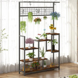 Garvee 7-Tier Tall Plant Shelf with Grow Light - Indoor Metal Plant Stand with Hanging Hooks, Multi-Purpose Bonsai & Flower Pot Organizer for Balcony & Living Room, Brown - Brown