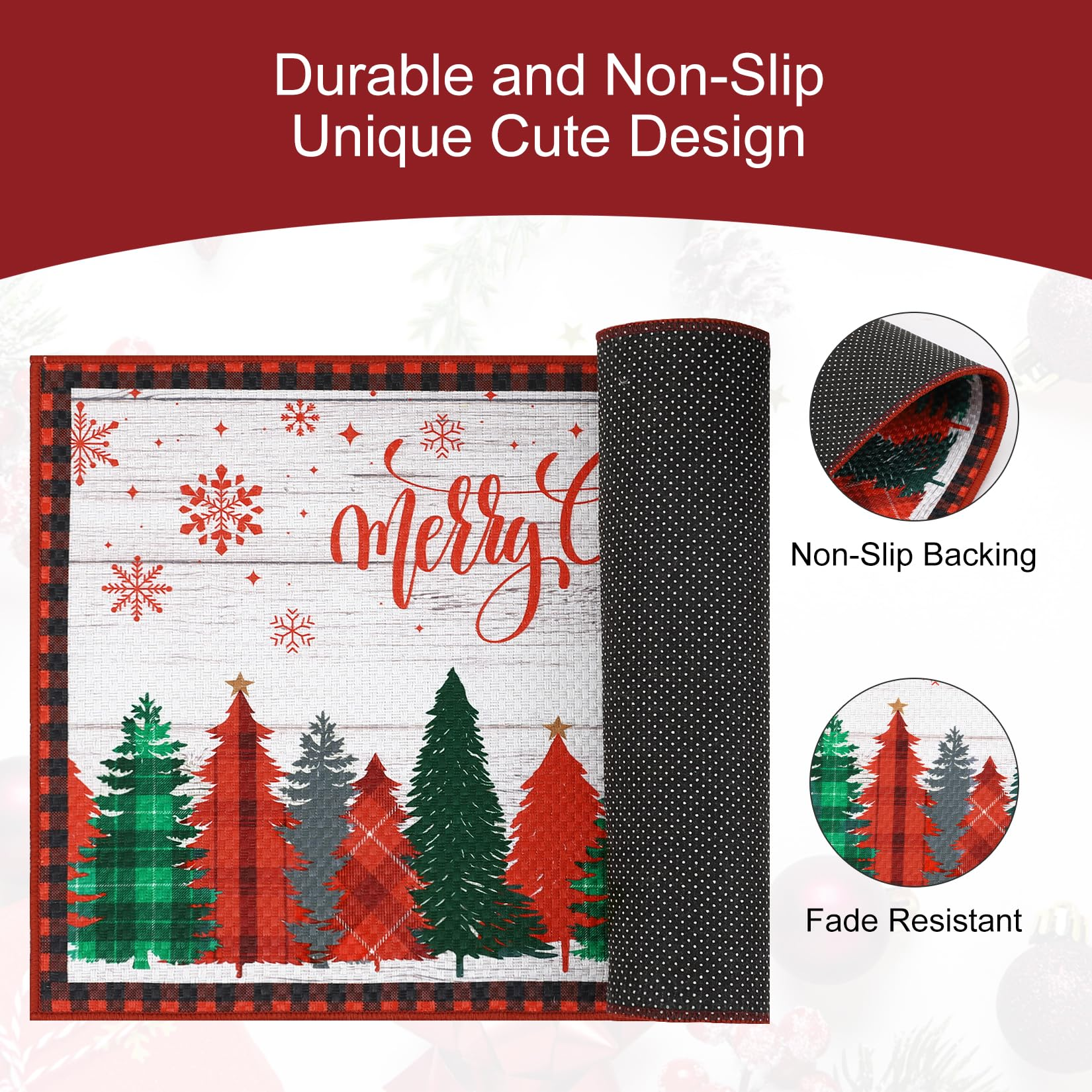 Garvee Merry Christmas Decorative Doormat 17x29 Non-Slip Low-Profile Buffalo Plaid Welcome Mat for Indoor Outdoor Entrance Doormat Xmas Winter Welcome Door Mat
