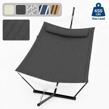 Garvee 2-Person Double Hammock with 12' Heavy-Duty Steel Stand, 450 lbs Capacity, Pillow & Balance Rope for Backyard, Dark Gray