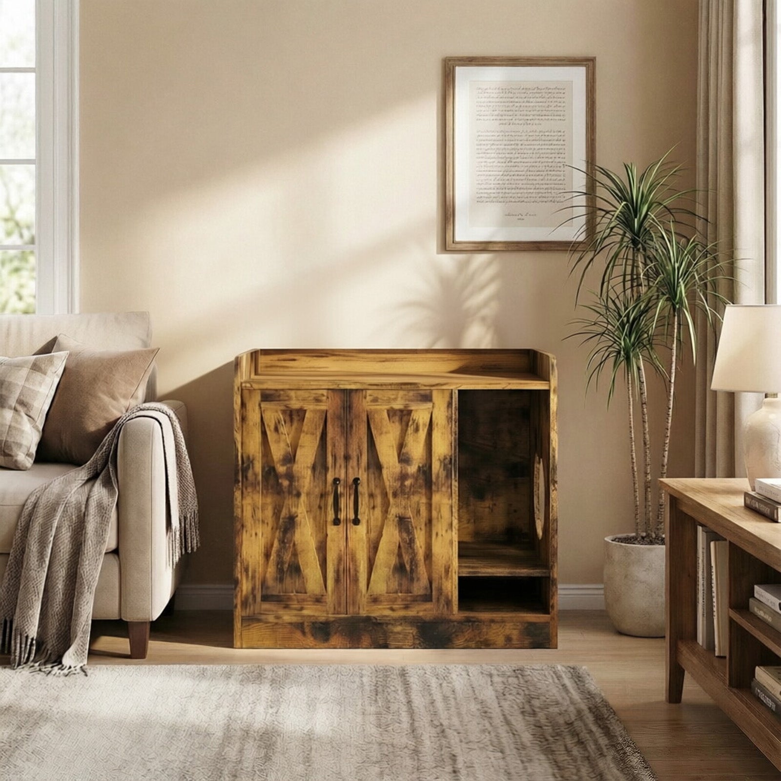 Garvee Cat Litter Box Enclosure, Hidden Litter Box Furniture with Divider, Indoor Cat House, Wooden Cat Washroom Storage Cabinet Bench, Side End Table Nightstand, 33.07"L × 23.62"W × 23.92"H, Rustic Brown