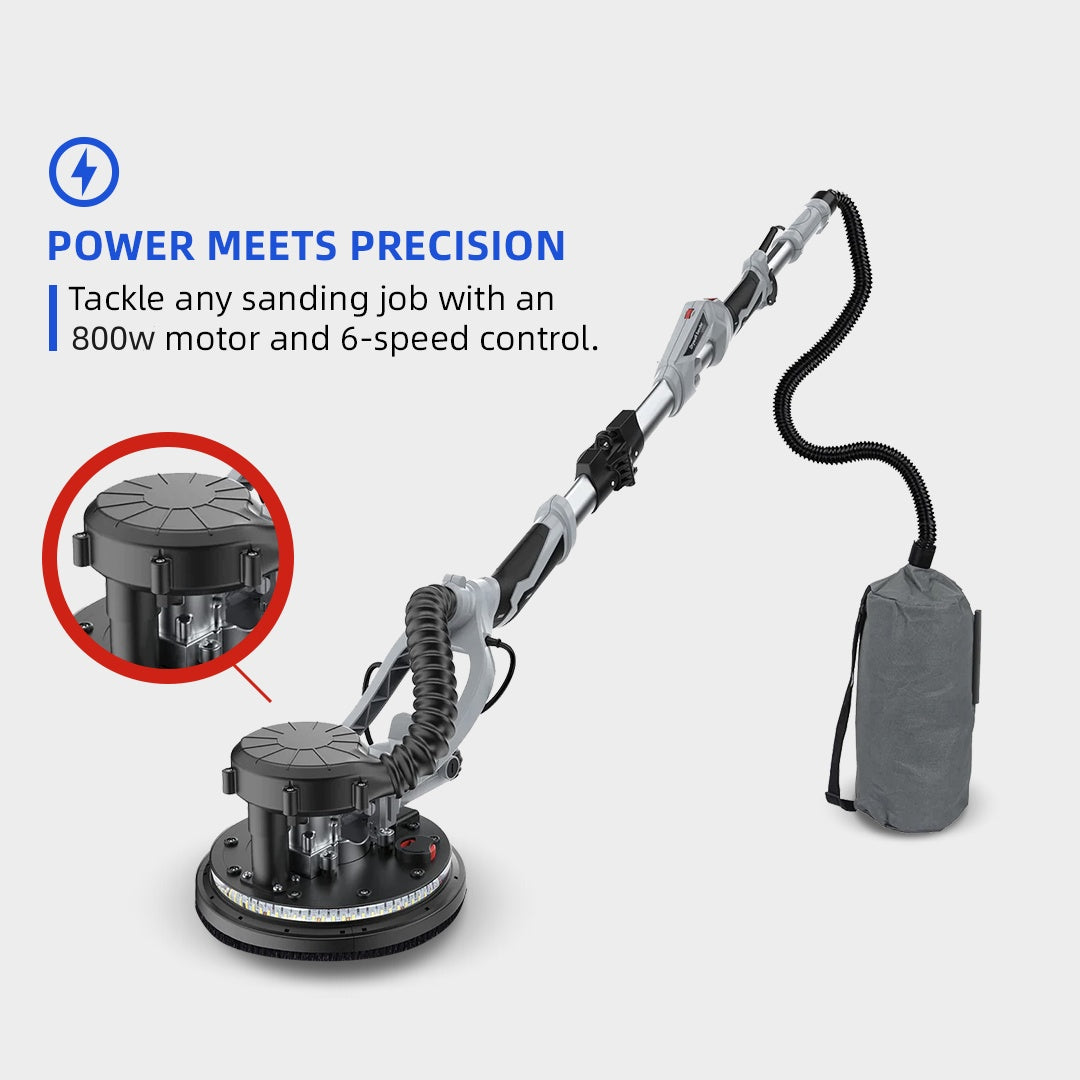 Garvee Drywall Sander, Electric Sander Tool with Variable Speed 800-1800RPM, 6.6ft Dust Hose, LED Light, Extendable & Foldable Handle, 6 Pcs Sanding Discs, Carrying Bag