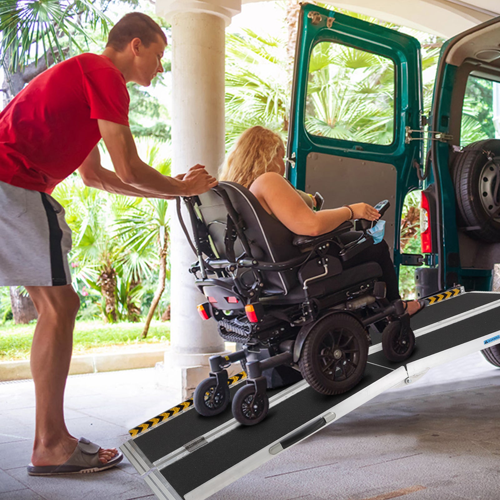 Garvee 9FT Portable Wheelchair Ramp Non-Slip Aluminum Folding Lightweight Sturdy Stainless Steel Hinges Home Doorways Steps Curbs