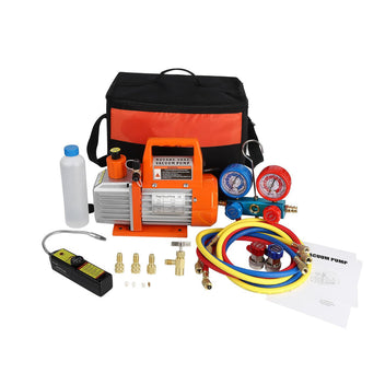 Garvee 110V 1/4 HP 3.5CFM Single Stage Rotary Vane Air Vacuum Pump and R134a AC Manifold Gauge Set Kit with Leak Detector Carry Bag for HVAC Air Conditioning Refrigeration Recharging ETL Listed