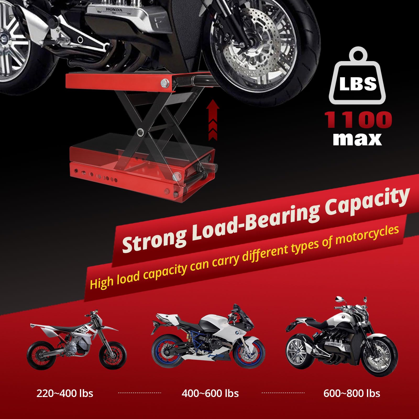 Garvee 1100lbs Motorcycle Lift, Motorcycle Scissor Lift Jack with Wide Deck & Safety Pin, 3.7"-13.8" Center Hoist Crank Stand, Steel Scissor Jack for Street Bikes, Cruiser Bikes, Touring Motorcycles