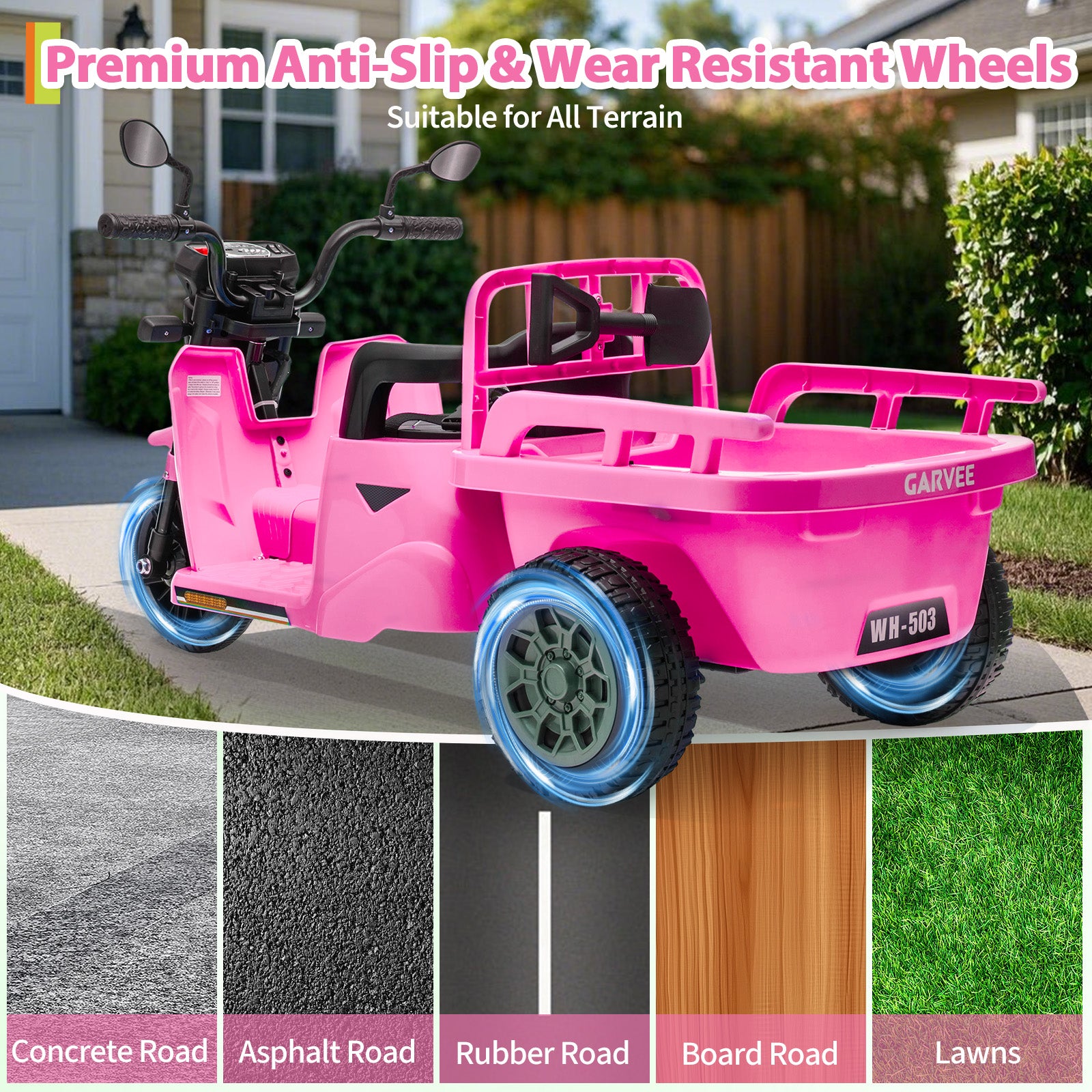 Garvee Ride P Series 3-Wheels Electric Tricycle w/Trailer, 12V Battery Powered Kids Motorcycle with Sand Shovel, 2x55W Motors, Bluetooth, Music, Headlight, Ride on Motorcycle for Kids Toddlers, Gift for Boys Girls, Pink