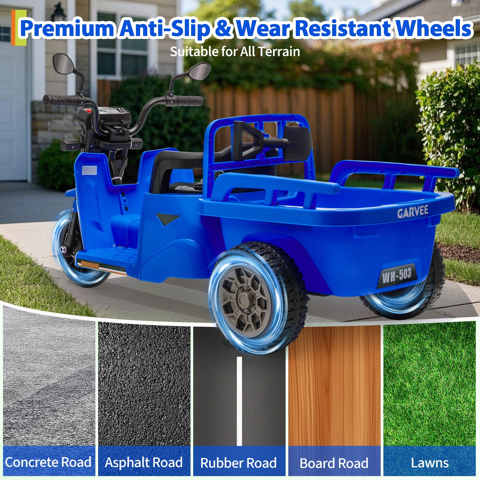 Garvee Ride P Series 3-Wheels Electric Tricycle w/Trailer, 12V Battery Powered Kids Motorcycle with Sand Shovel, 2x55W Motors, Bluetooth, Music, Headlight, Ride on Motorcycle for Kids Toddlers, Gift for Boys Girls, Dark Blue