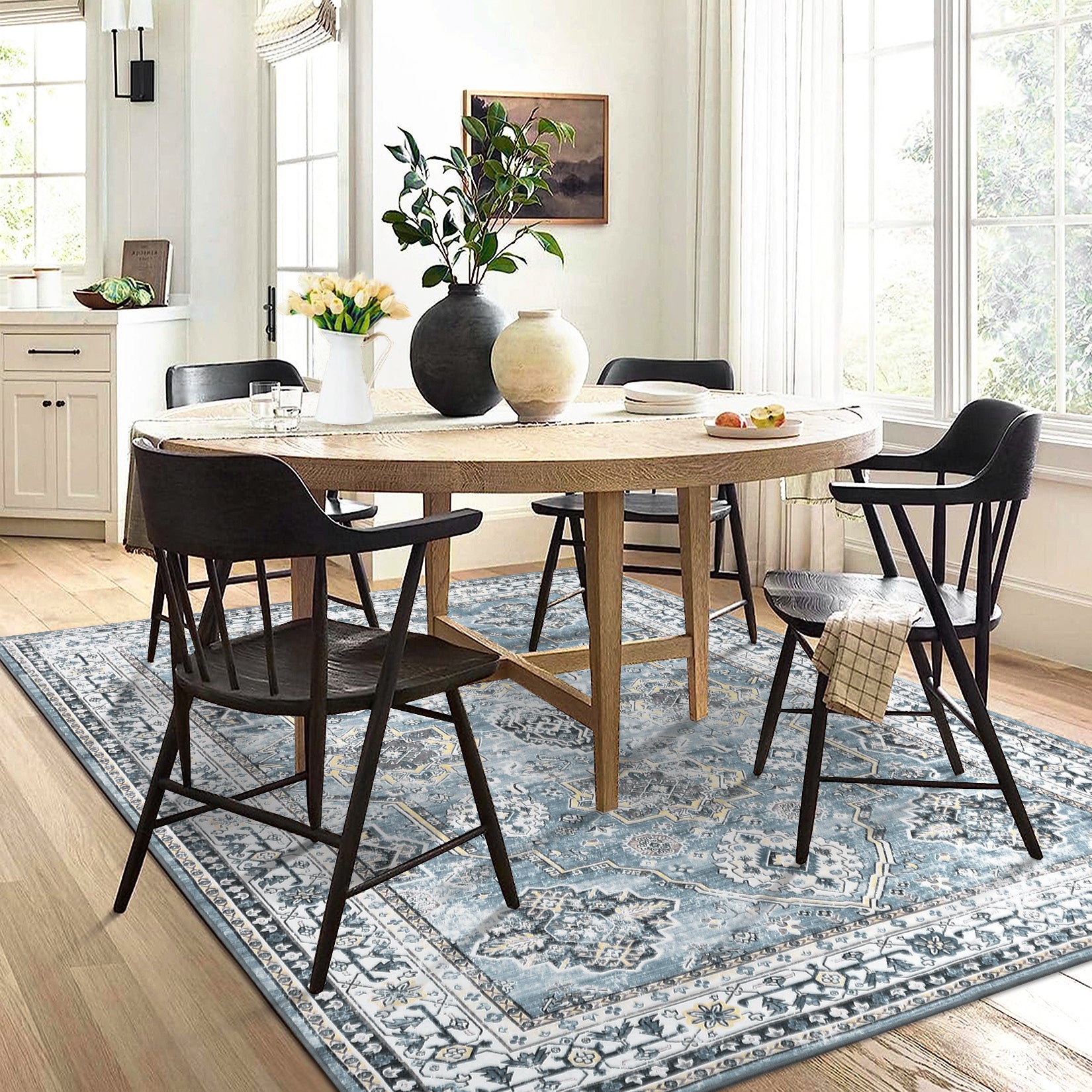 Garvee Blue 9x12 Washable Rugs for Living Room Boho Vintage Rug Non Slip Large Area Rug Soft Non Shedding Throw Rugs Stain Resistant Carpet for Bedroom Office Dining Room Nursery