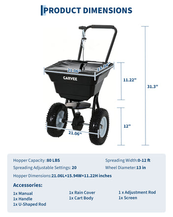 Garvee 80 lb Push Broadcast Spreader, Walk-Behind Lawn & Garden Spreader with 29 L Hopper, 0–12 ft Coverage, 13" All-Terrain Wheels & 20-Level Flow Control for Seed, Fertilizer, Salt & Ice Melt, Black