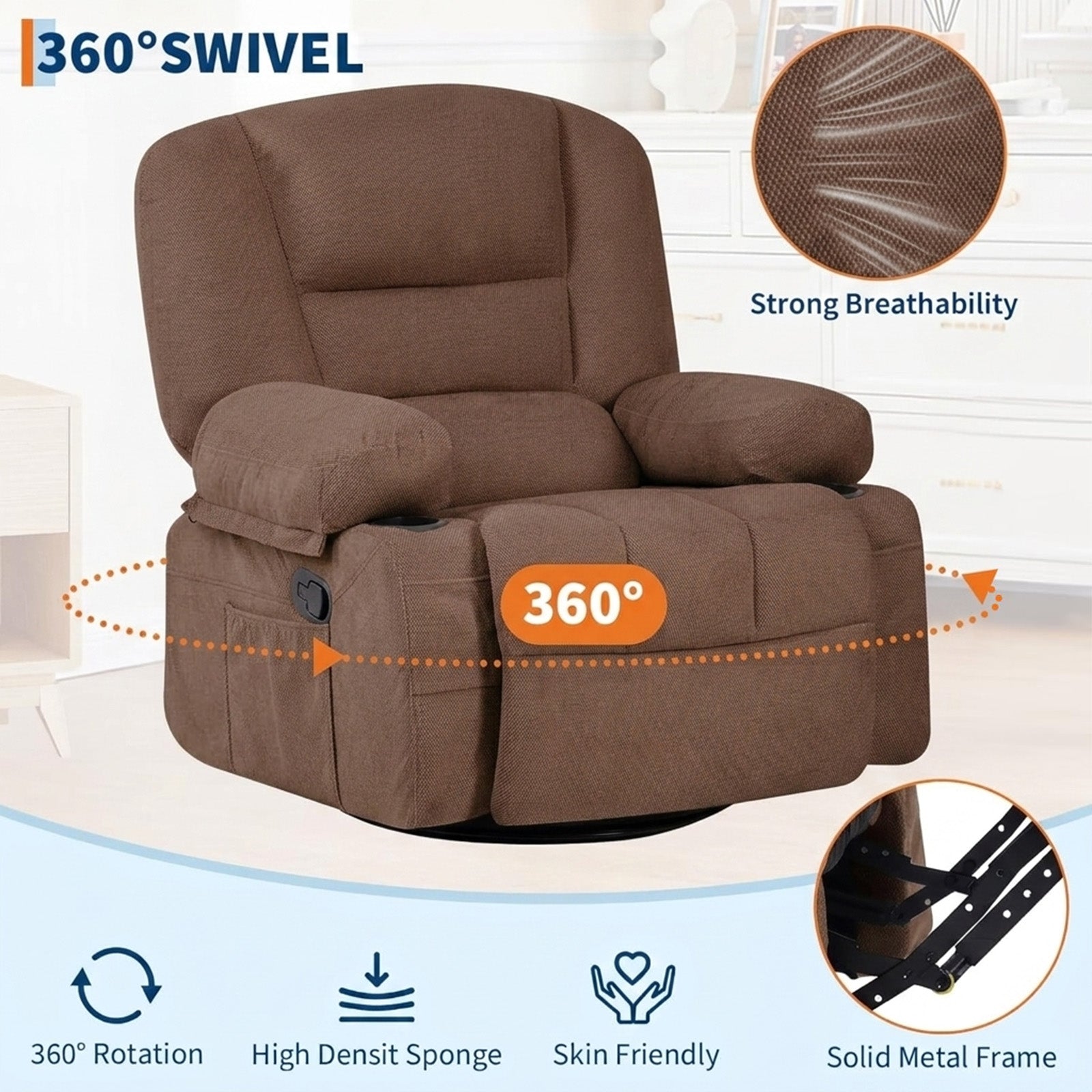 Garvee 360° Swivel Rocker Chair with Cup Holders & Side Pocket, Wide Recliner Chair with Heat and Vibration Massage, Chenille Fabric Manual Recliner Lazy Boy Chair for Adults, Brown