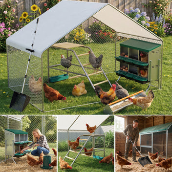 Garvee Homestead Chicken Coop Kit: Large Predator-Proof Poultry Run, Roll-Away Nesting Box, Climbing Gym, Cleaning spatula & Automatic Feeder - Comfort for 5-8 Hens