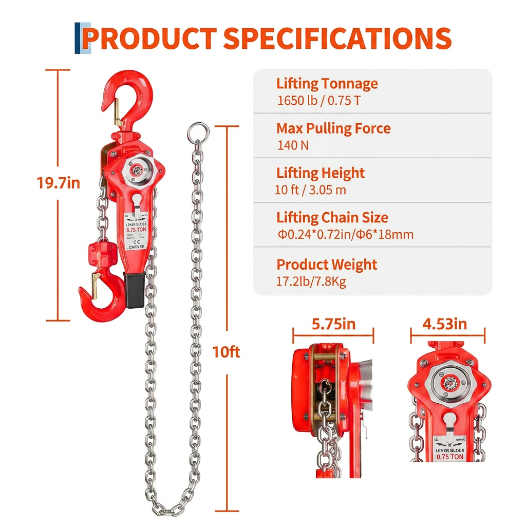 Garvee Industrial-Grade 1650 Lb Manual Lever Chain Hoist With Heavy Duty Hooks For Garage Factory Dock Workshop Use 10ft Lift
