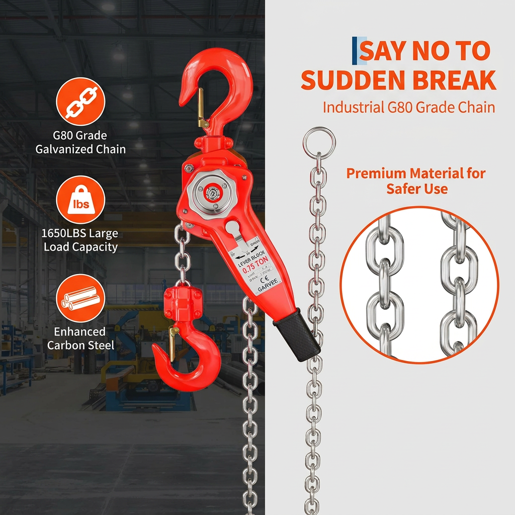 Garvee Industrial-Grade 1650 Lb Manual Lever Chain Hoist With Heavy Duty Hooks For Garage Factory Dock Workshop Use 10ft Lift