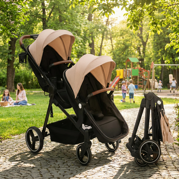 Garvee Foldable Double Baby Stroller in Multi-Position Reversible Design with Adjustable Backrest, Storage Basket and Canopy for Infant and Toddler, Khaki