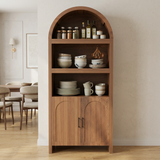 Garvee Mid-Century 71" Wood Sideboard in Arched Design with Open Display Shelves and Cabinet for Dining Room, Bathroom and Living Room, Brown - Brown