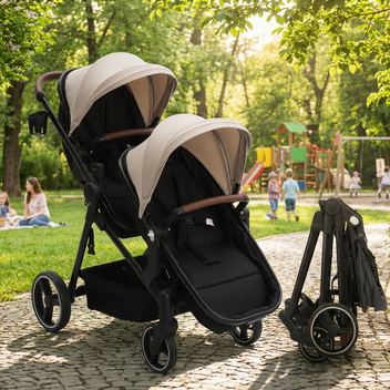 Garvee Foldable Double Baby Stroller in Multi-Position Reversible Design with Adjustable Backrest, Storage Basket and Canopy for Infant and Toddler, Beige