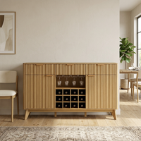 Garvee Modern 60" Fluted Wine Bar Cabinet in Wave Design with 2 Side Cabinets, 3 Drawers, 4 Glass Holders and 12 Wine Racks for Living Room, Kitchen and Entryway, Natural