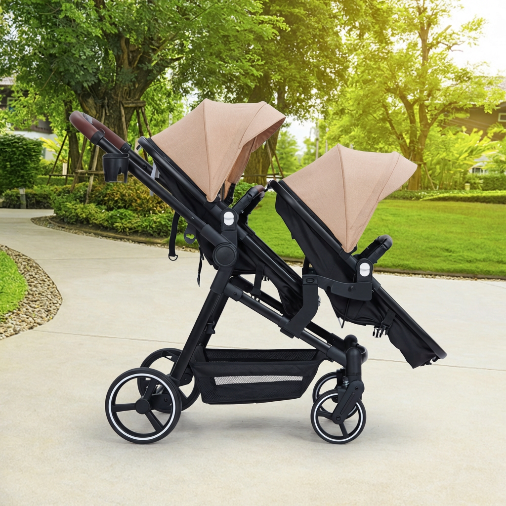 Garvee Foldable Double Baby Stroller in Multi-Position Reversible Design with Adjustable Backrest, Storage Basket and Canopy for Infant and Toddler, Khaki