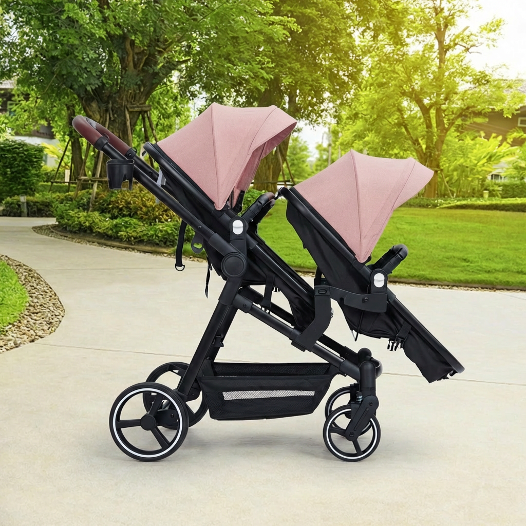 Garvee Foldable Double Baby Stroller in Multi-Position Reversible Design with Adjustable Backrest, Storage Basket and Canopy for Infant and Toddler, Pink