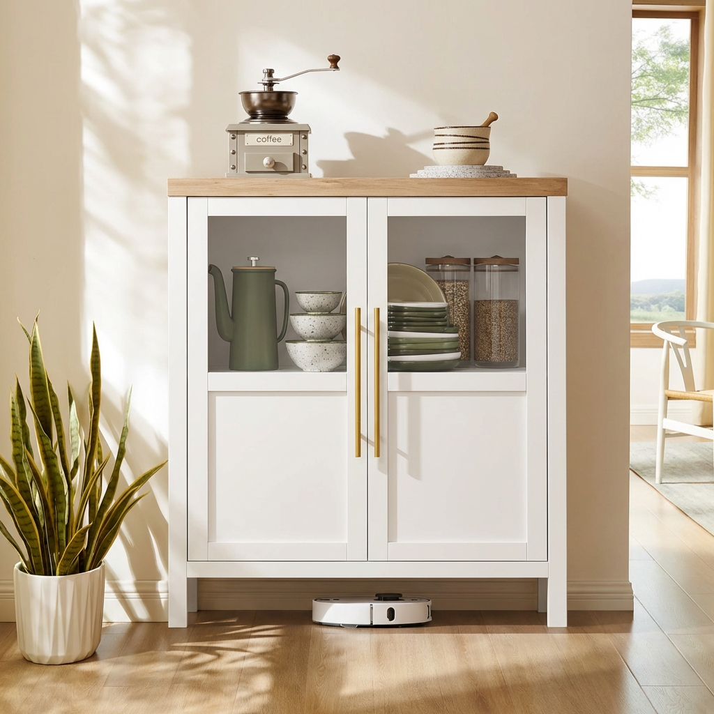 Garvee Sideboard Buffet Cabinet with 2 Glass Doors, 29" Large Buffet Cabinet with Storage, Modern Farmhouse Storage Cabinet Table for Kitchen Dining Room, Living Room (Glass with 2 Door, White)