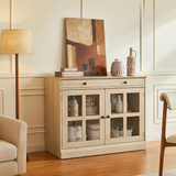 Garvee 35.4" Sideboard Buffet Cabinets With Glass Doors and Drawers, Oak - Oak