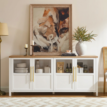 Garvee Sideboard Buffet Cabinet with 4 Glass Doors, 55" Large Buffet Cabinet with Storage, Modern Farmhouse Storage Cabinet Table for Kitchen Dining Room, Living Room , White