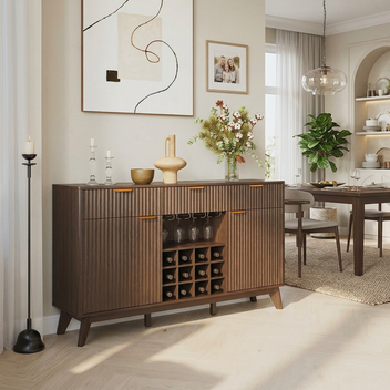 Garvee Modern 60" Fluted Wine Bar Cabinet in Wave Design with 2 Side Cabinets, 3 Drawers, 4 Glass Holders and 12 Wine Racks for Living Room, Kitchen and Entryway, Walnut