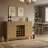 Garvee Modern 60" Fluted Wine Bar Cabinet in Wave Design with 2 Side Cabinets, 3 Drawers, 4 Glass Holders and 12 Wine Racks for Living Room, Kitchen and Entryway, Natural - Natural