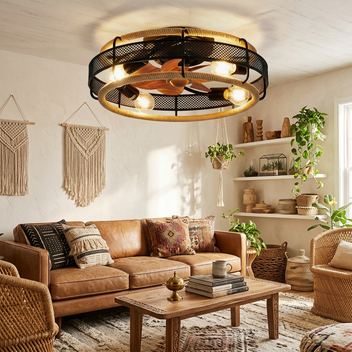Garvee 20.5" Boho Rattan Caged Ceiling Fan with Light and Remote, 6-Speed Reversible, E26 Base for Bedroom Living Room