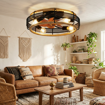 Garvee 20.5" Boho Rattan Caged Ceiling Fan with Light and Remote, 6-Speed Reversible, E26 Base for Bedroom Living Room