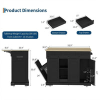 Garvee Rolling Large Kitchen Island Cart with Power Outlet, 3 Drawers, Drop Leaf, Trash Can Storage, Mobile Table, Black