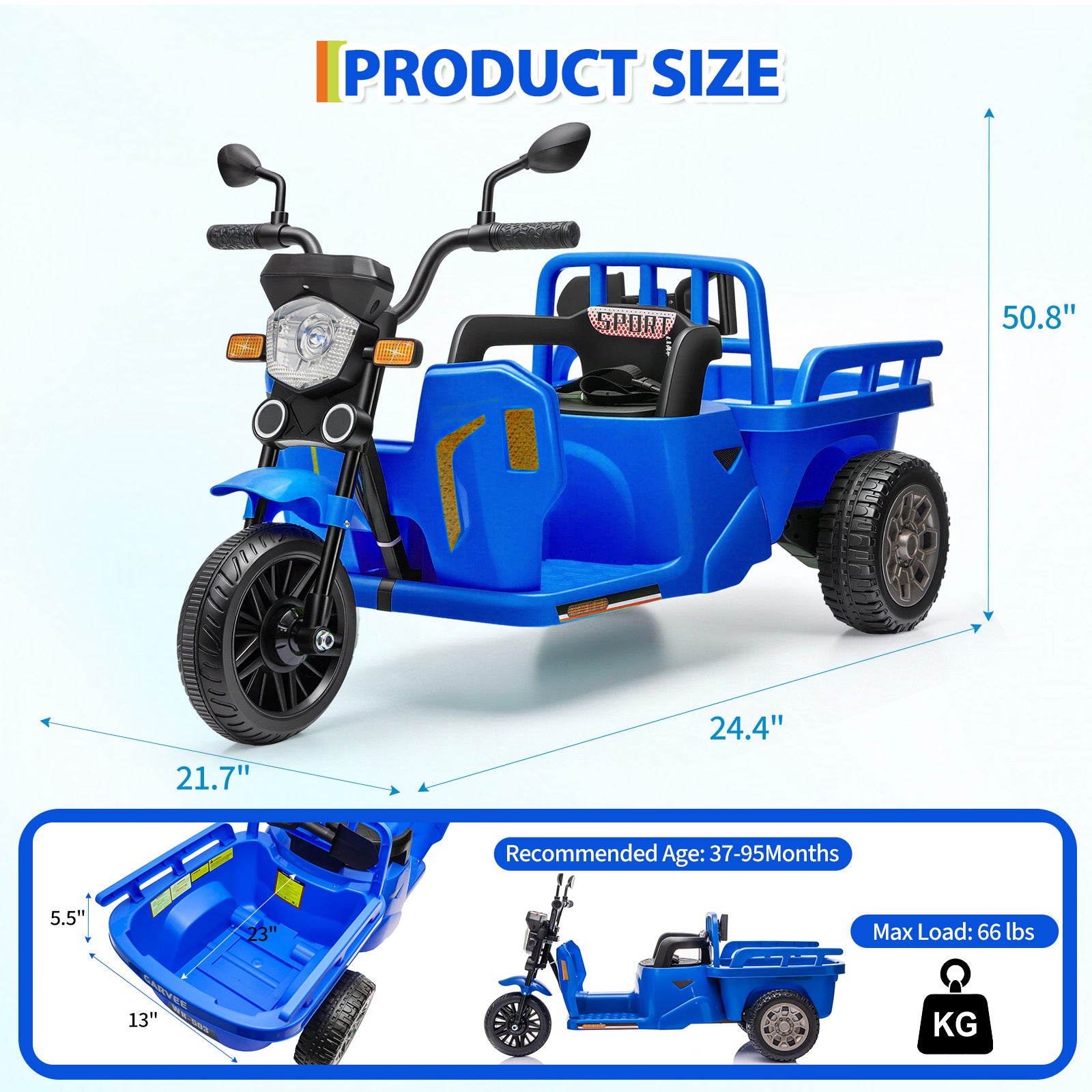 Garvee Ride P Series 3-Wheels Electric Tricycle w/Trailer, 12V Battery Powered Kids Motorcycle with Sand Shovel, 2x55W Motors, Bluetooth, Music, Headlight, Ride on Motorcycle for Kids Toddlers, Gift for Boys Girls, Dark Blue