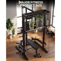 Garvee Smith Machine Home Gym with LAT Pulldown & Low Row, Heavy Duty 1000 LB Power Cage, Carbon Steel, Multi-Function Attachments, Bench Included, Full Body Workout