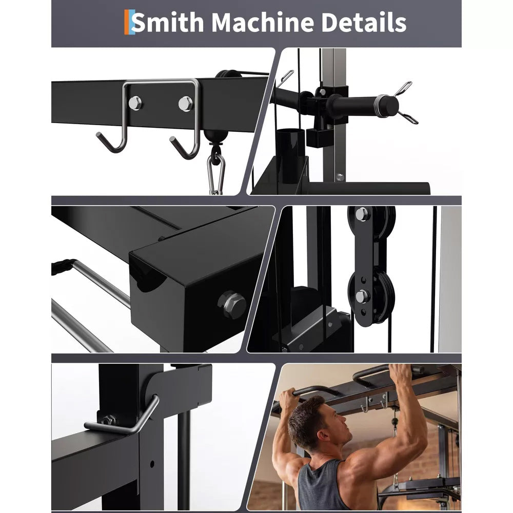 Garvee Smith Machine Home Gym with LAT Pulldown & Low Row, Heavy Duty 1000 LB Power Cage, Carbon Steel, Multi-Function Attachments, Bench Included, Full Body Workout