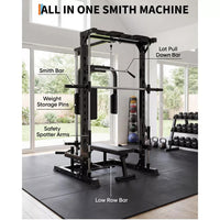 Garvee Smith Machine Home Gym with LAT Pulldown & Low Row, Heavy Duty 1000 LB Power Cage, Carbon Steel, Multi-Function Attachments, Bench Included, Full Body Workout