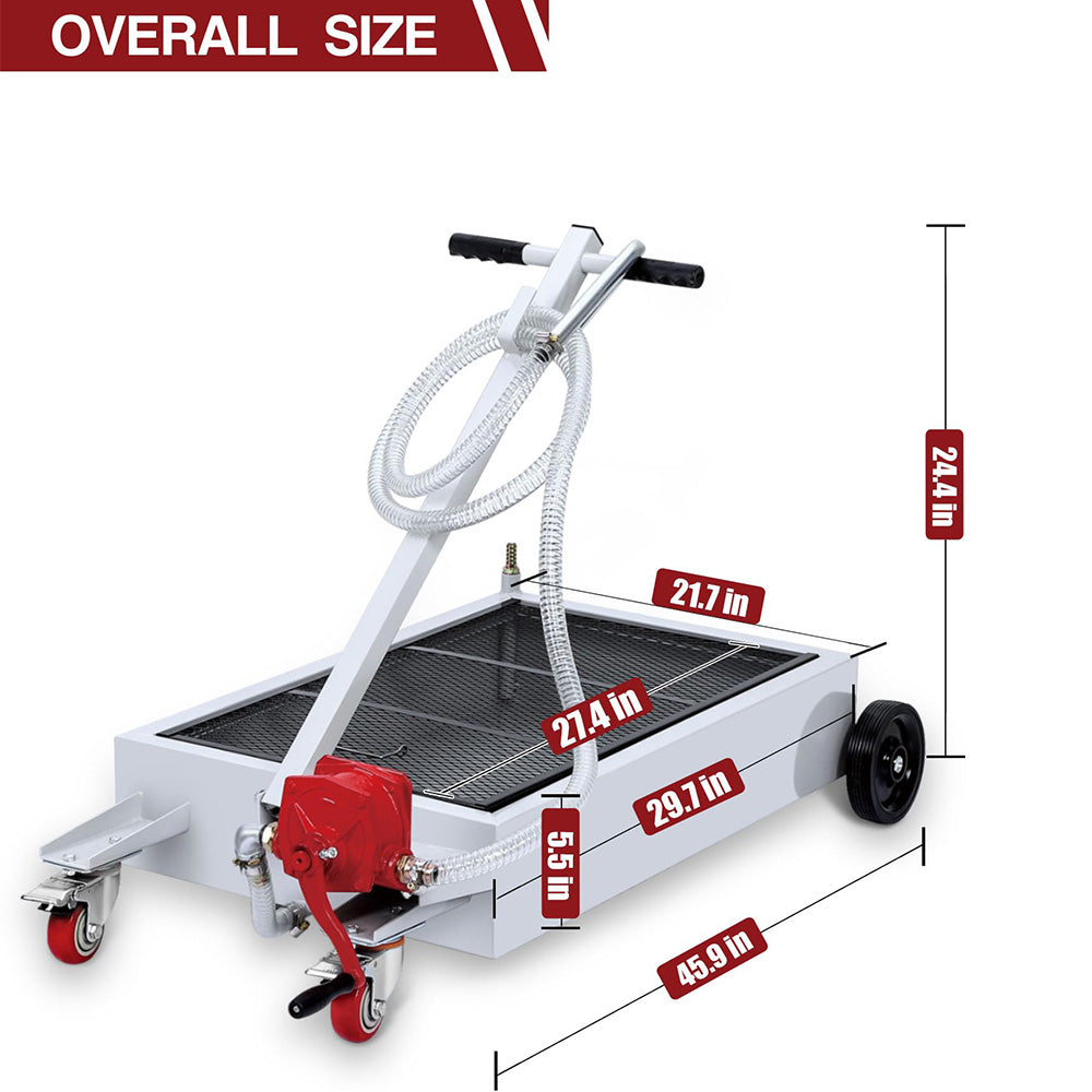 Garvee Hand Pump & Hose Oil Drain Pan with 15 Gal Low Profile & 8 Ft Hose - Silver