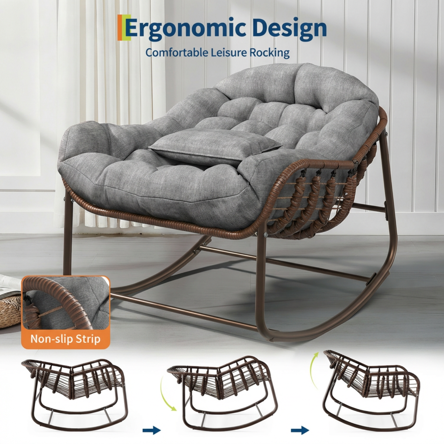 Garvee Oversized Papasan Rocking Chair, Comfy Outdoor Wicker Lounge Chair with Cushion and Metal Frame, Patio Rattan Egg Chair  for Balcony, Garden, Bedroom, Porch, Lawn, Gray