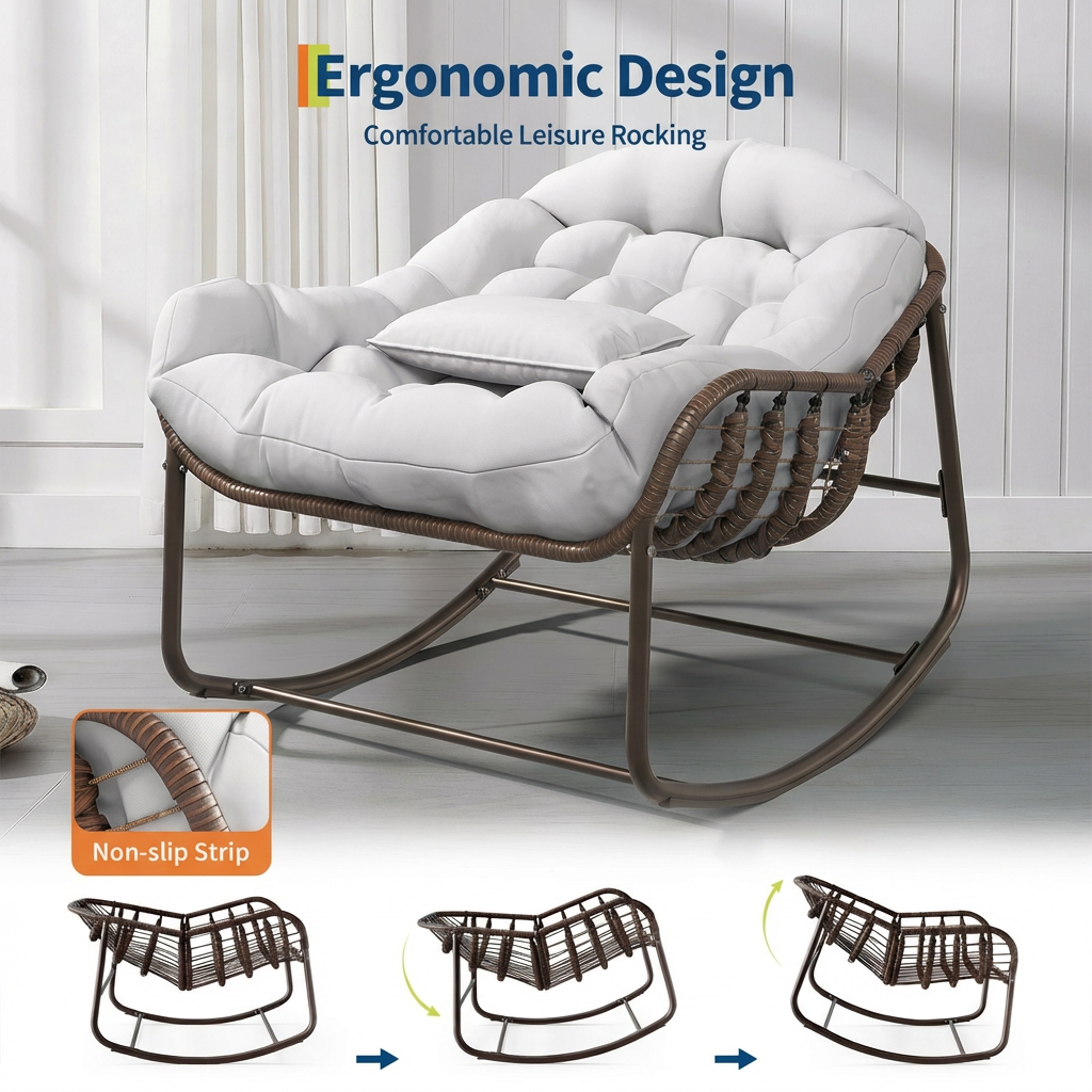 Garvee Oversized Papasan Rocking Chair Wicker Lounge with Cushion, Weather-Resistant Metal Frame Ergonomic Sway Reinforced Steel Frame for Indoor, Outdoor Balcony, Backyard, White