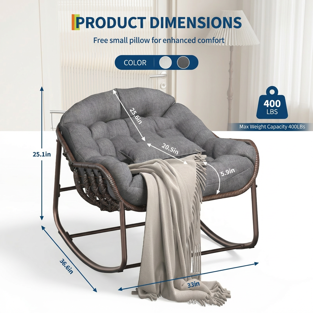 Garvee Oversized Papasan Rocking Chair, Comfy Outdoor Wicker Lounge Chair with Cushion and Metal Frame, Patio Rattan Egg Chair  for Balcony, Garden, Bedroom, Porch, Lawn, Gray