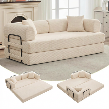 Garvee 4-in-1 Convertible Sleeper Sofa Bed, 79" Corduroy Folding Couch with Deep Seat, Boneless No Assembly Floor Sofa for Apartments, Living Room & Guests, Beige