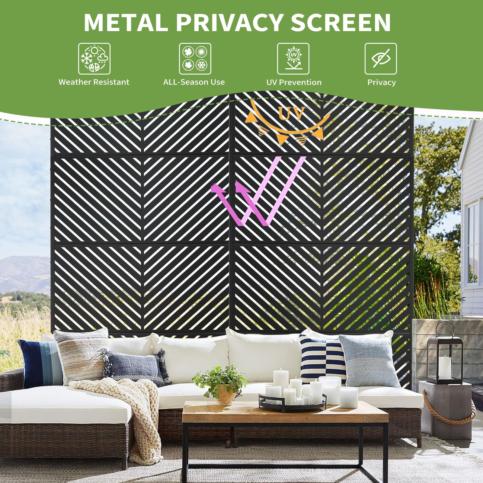 Garvee 70.1" H×47.2" W Metal Privacy Screen, Freestanding Outdoor Privacy Screen with Stable Base for Deck, Porch, Patio, Outdoor and Balcony(Consists of 4 Panels), Black