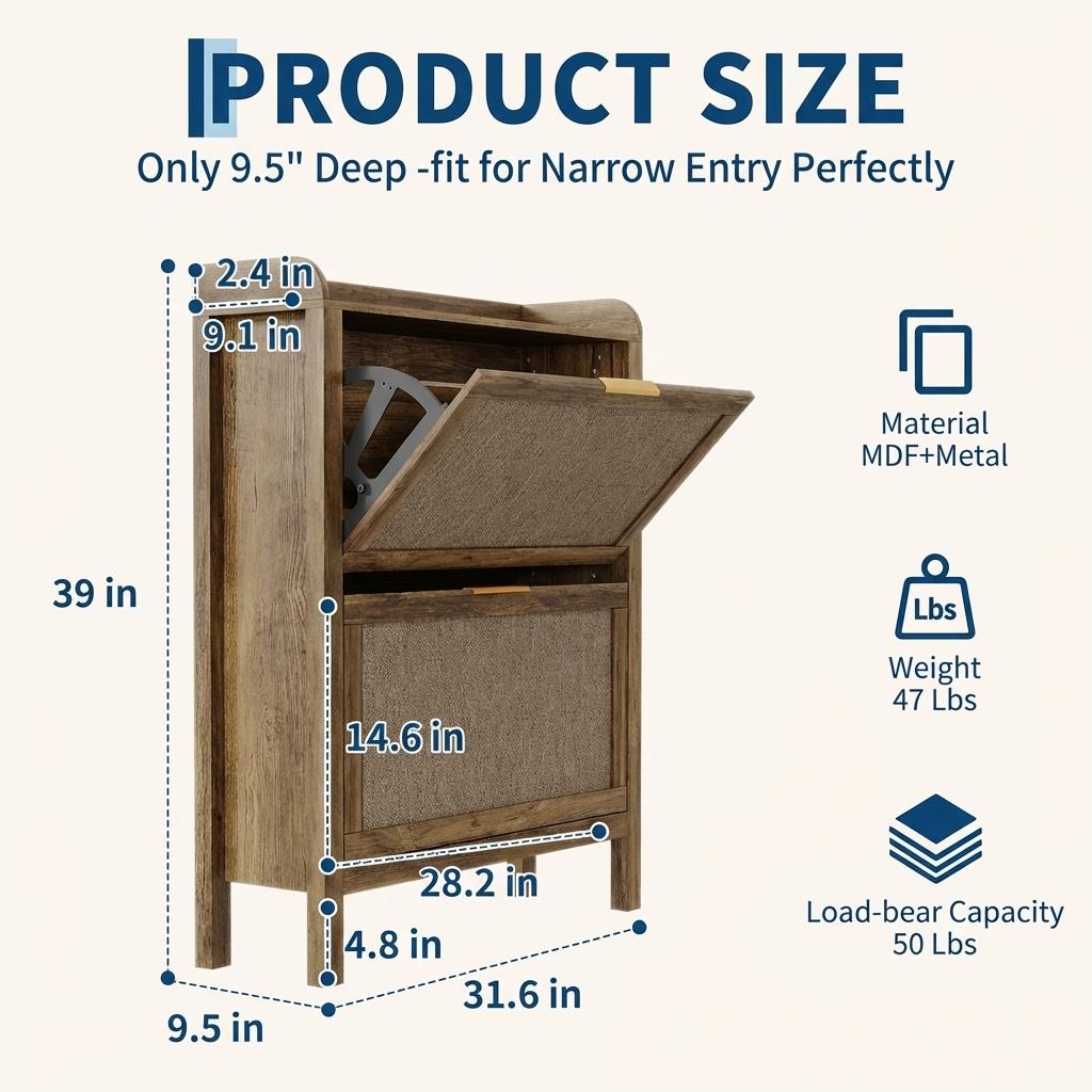 Garvee Farmhouse Rattan Shoe Storage Cabinet with 2 Flip Drawers, Wooden Legs, Narrow Brown Shoe Rack for Entryway