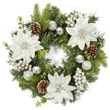 Garvee Artificial Christmas Wreath, 16 inch Christmas Wreath for Front Door, No Fading Decorative Garland For Indoor Outdoor Windows Holiday Decorations Silver - White Flower