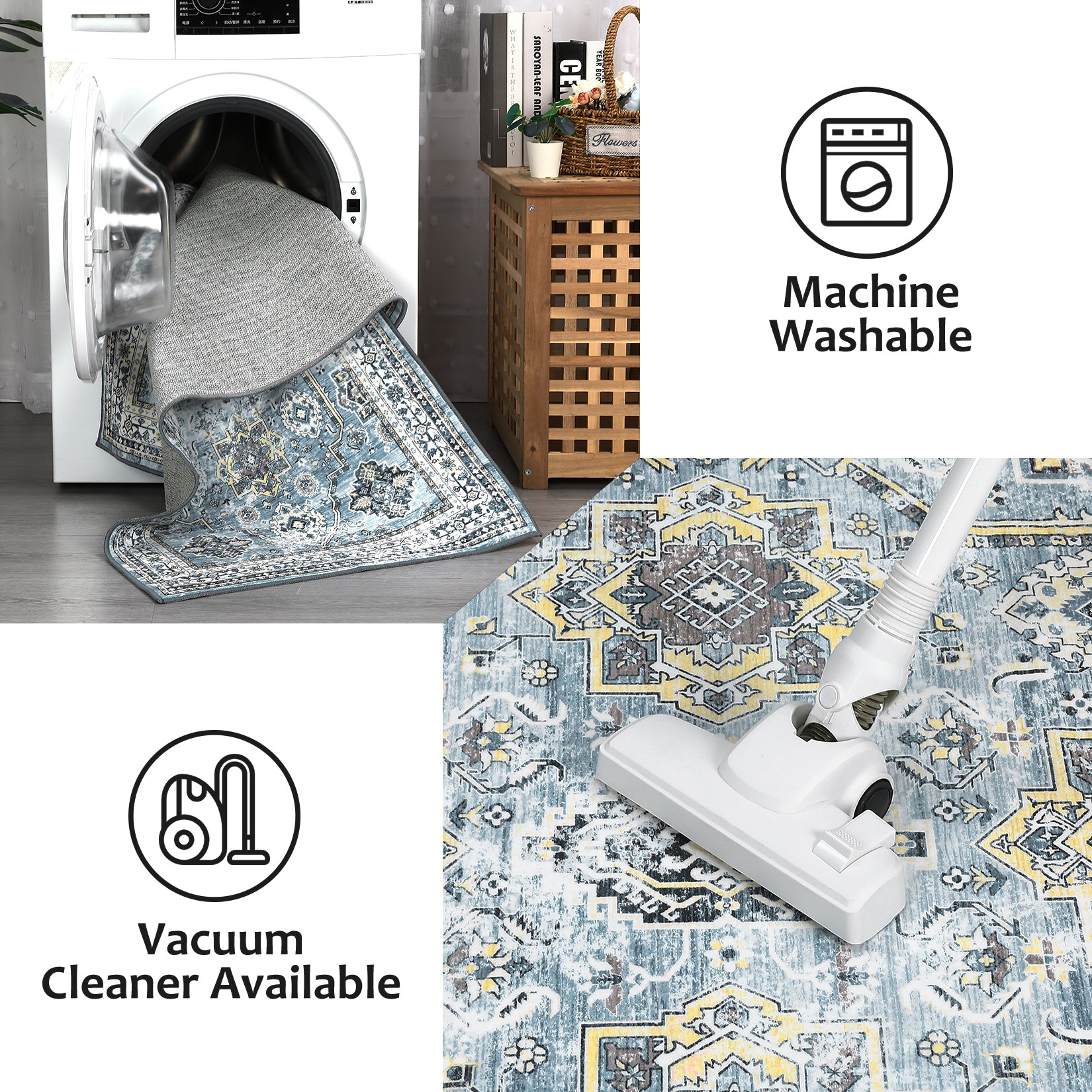 Garvee Boho Blue 2x6 Washable Rug, Oriental Vintage Non Slip Soft Faux Wool Stain Resistant Carpet for Living Room, Bedroom, Office